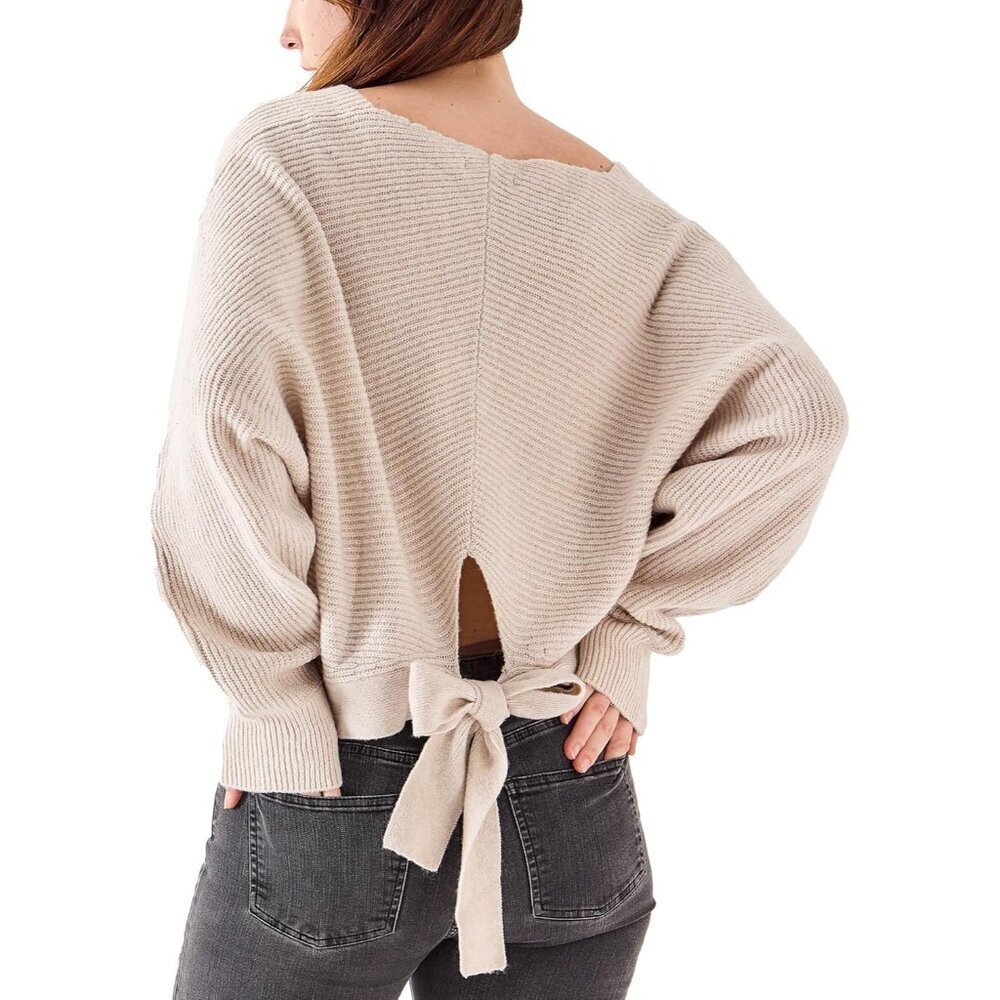 Women's Open Back Sweater with Bow Tie Long Sleeve V Neck Knit Pullover S-XL
